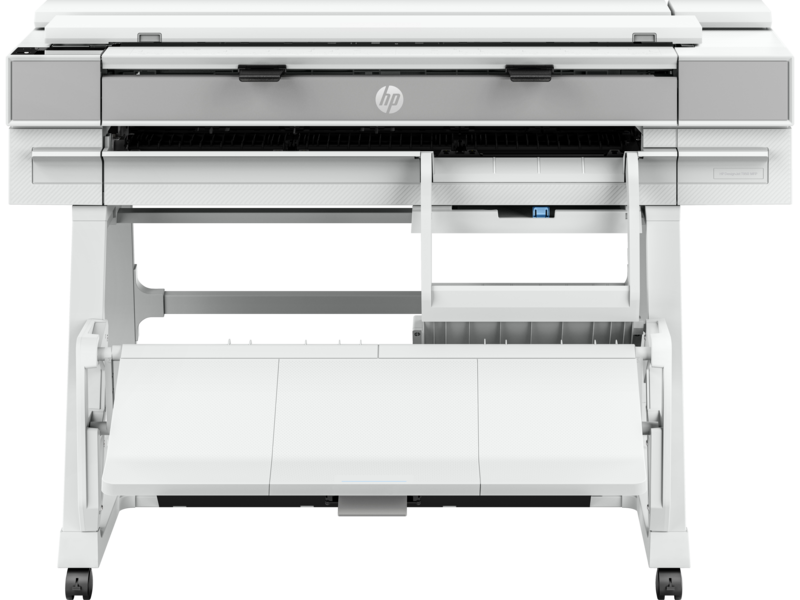 Un plotter HP T950 în vedere frontală, cu capacul închis. Plotterul este de culoare albă