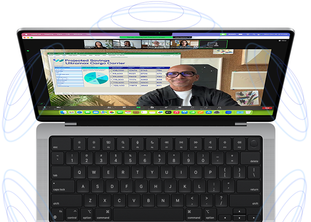 MacBook Pro înconjurat de ilustrații cu cercuri albastre pentru a sugera sentimentul 3D al sunetului spațial