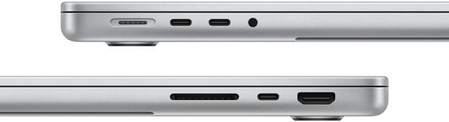 Vedere laterală a MacBook Pro de 14 inch cu cip M3 care arată porturile