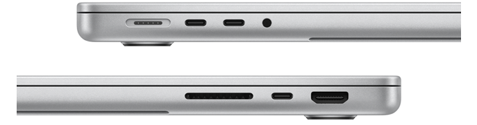 Side view of 14-inch MacBook Pro with M3 Pro chip showing ports: left side, MagSafe port, two Thunderbolt 4 ports, and headphone jack, right side, SDXC card slot, one Thunderbolt 4 port, and HDMI port