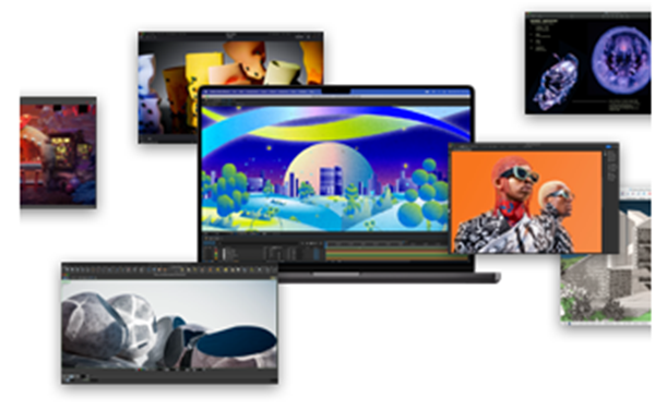 Showcasing MacBook Pro running apps like Adobe After Effects, Keynote, DaVinci Resolve, Autodesk Maya with Arnold renderer, Adobe Photoshop, Houdini, SketchUp