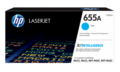 Toner original HP 655A, culoare cyan, pentru HP LaserJet Enterprise Flow M681 HP LaserJet Enterprise M652, M653, M681, M682, capacitate 10.500 pagini