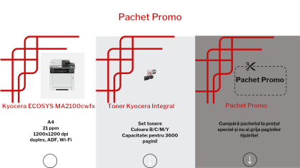 Pachet promo cu imprimanta multifunctionala laser color A4, Kyocera ECOSYS MA2100cwfx si  tonere Kyocera Integral TK 5440 pentru 3600 de pagini.