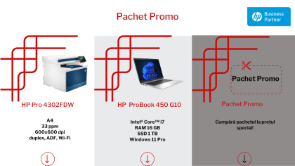 Pachet promo cu imprimanta multifunctionala laser color HP LaserJet Pro color MFP 4302fdw, A4 si laptop HP ProBook 450 G10