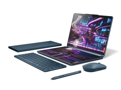 Laptop Lenovo Yoga Book 9 13IMU9, Procesor Intel Core Ultra 7 155U up to 4.8GHz, 2x 13.3" 2.8K (2880x1800) OLED 400nits gloss touch, ram 32GB soldered 7467Mhz LPDDR5x, 1TB SSD M.2 PCIe NVMe, Intel Graphics, culoare albastru, Windows11 Home