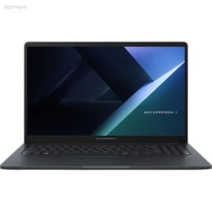 Laptop ASUS ExpertBook B1 B1503CVA-NJ2301 văzut din față, ecran activ cu imagine abstractă albastră și tastatură vizibilă.