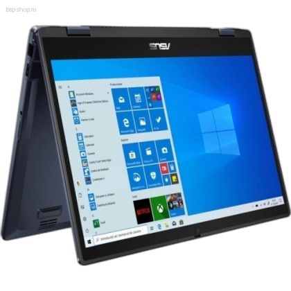 Laptop convertibil ASUS ExpertBook B3 Flip B3402FVA-LE0980 văzut din spate și lateral, parțial deschis în mod laptop, evidențiind balamaua 360°.