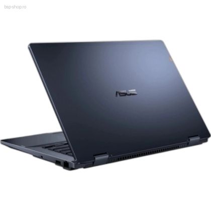 Laptop convertibil ASUS ExpertBook B3 Flip B3402FVA-EC0800 văzut din spate și lateral, parțial deschis în mod laptop, evidențiind balamaua 360°.