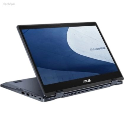 Laptop convertibil ASUS ExpertBook B3 Flip B3402FVA-EC0800 în mod laptop, deschis, privit dintr-un unghi din dreapta-față, arătând ecranul și tastatura.