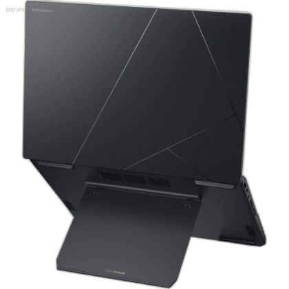 ASUS Zenbook Duo UX8406CA-PZ166X vedere din spate cu suport kickstand integrat extins.