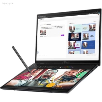 ASUS Zenbook Duo UX8406CA-PZ166X utilizare stylus pe ecranul inferior in mod dual screen.