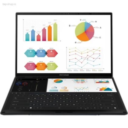 Laptop cu ecran dublu ASUS Zenbook Duo UX8406CA-PZ166X mod desktop vertical grafice afisate.