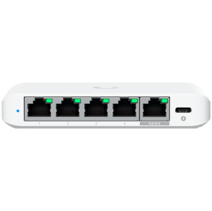 Ubiquiti 5-port 2.5G switch that can be powered with PoE or a USB-C adapter; 4x 2.5 GbE ports, 2.5 GbE PoE input port for power