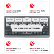 Click&Touch, wireless multimedia keyboard for Smart-TV with touchpad embedded into keys, auto-switch between keyboard and touchpad, connect to 5 devices via Bluetooth, USB dongle and Type-C, LED status indicators, built-in battery, space grey color