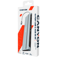 CANYON DS-90, 14 in 1 hub, with Type C female *2,Type C male *1:max 10Gbps,USBA*3:max 10Gbps,DP*1，VGA*1,SD card slot*1,TF card slot*1,Audio 3.5 audio*1,HDMI*2,RJ45*1,cable length 0.20m,Aluminum alloy housing,76*22.5*301mm,Dark grey