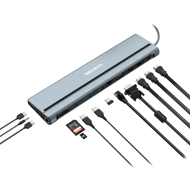 CANYON DS-90, 14 in 1 hub, with Type C female *2,Type C male *1:max 10Gbps,USBA*3:max 10Gbps,DP*1，VGA*1,SD card slot*1,TF card slot*1,Audio 3.5 audio*1,HDMI*2,RJ45*1,cable length 0.20m,Aluminum alloy housing,76*22.5*301mm,Dark grey