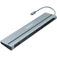 CANYON DS-90, 14 in 1 hub, with Type C female *2,Type C male *1:max 10Gbps,USBA*3:max 10Gbps,DP*1，VGA*1,SD card slot*1,TF card slot*1,Audio 3.5 audio*1,HDMI*2,RJ45*1,cable length 0.20m,Aluminum alloy housing,76*22.5*301mm,Dark grey